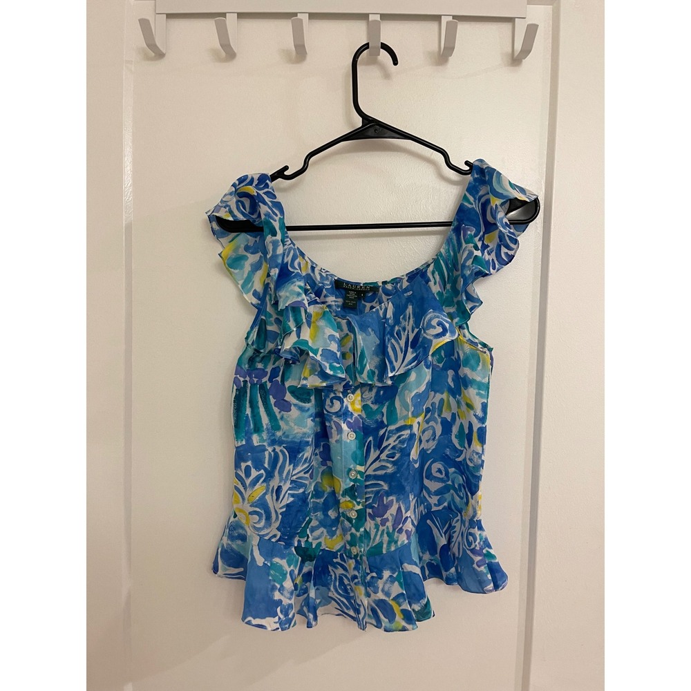 Vintage Silk Ralph Lauren Ruffled Blue Tank Top Blouse Flowy Lightweight Beachy